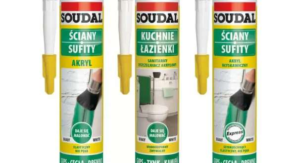 Trzy tuby akrylu Soudal do ścian i sufitów. Jeden produkt to akryl błyskawiczny, idealny do maskowania pęknięć.