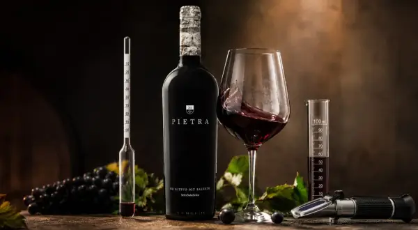 Butelka wina Pietra, kielich z czerwonym winem, winogrona i przyrządy do pomiaru alkoholu. To wino 18 procent, idealne do degustacji.