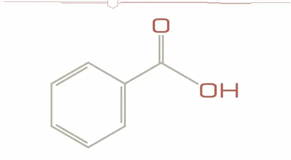Struktura chemiczna kwasu benzoesowego (C7H6O2) z pierścieniem benzenowym i grupą karboksylową.