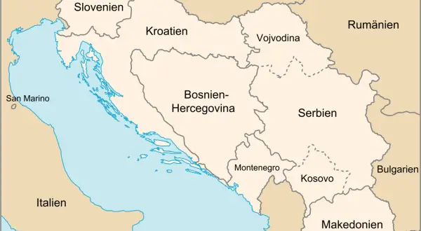 Karta över forna Jugoslavien med Slovenien, Kroatien, Bosnien-Hercegovina, Serbien, Montenegro, Kosovo och Makedonien.