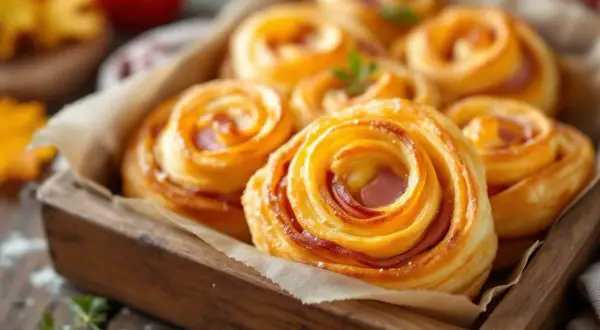 Délicieux feuilleté apéro en forme de spirale, garni de jambon et de fromage, prêt à être dégusté.