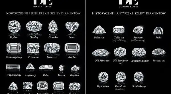 Różne szlify diamentów: brylant, owalny, gruszka, serce, szmaragdowy, princessa, poduszka, asscher, point cut, table cut, rose cut, polki, old mine cut, old european cut, antique cushion, peruzzi cut, trapezoidalny, księżycowy, bullet, tarcza, kryształ...
