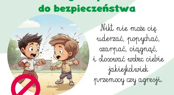 Ilustracja dwóch chłopców w szkole, jeden popycha drugiego, z przekreślonym znakiem zakazu.