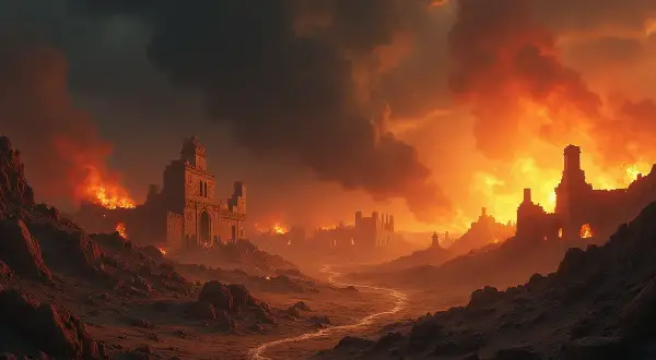 Ruiny miast płoną w ogniu, a dym zasnuwa niebo. Scena przypomina biblijną Sodomę i Gomorę po karze.