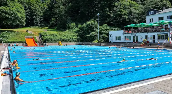 Ein sonniger Tag im Freibad Neuenhof. Menschen schwimmen in den Bahnen des großen Pools, während im Hintergrund grüne Bäume und ein Gebäude mit Sonnenschirmen zu sehen sind.