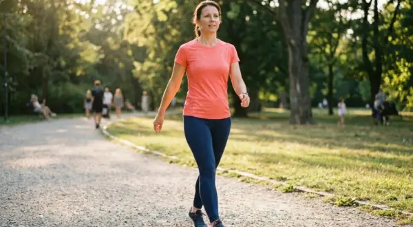 Donna cammina a passo svelto in un parco, puntando a un ritmo di 4 minuti al km velocità.