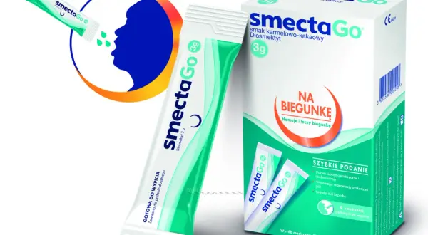 SmectaGo dla dzieci – gotowa do wypicia zawiesina o smaku karmelowo-kakaowym, która hamuje i leczy biegunkę.