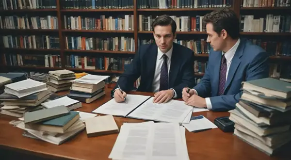 Dwóch prawników w garniturach analizuje dokumenty w bibliotece. Zastanawiasz się, ile kosztuje wynajęcie adwokata w sprawie cywilnej?