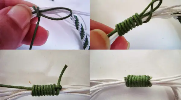 Creando un nudo corredizo pulsera. Se muestran pasos para hacer un nudo corredizo en una pulsera de hilo.