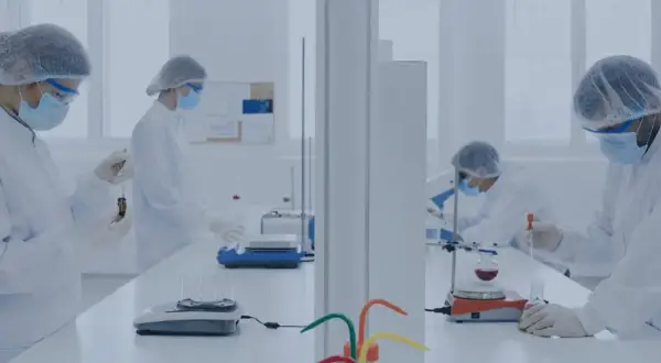 Wissenschaftler in Laborkitteln und Masken arbeiten an Experimenten, die für die Gerson Therapie relevant sein könnten.