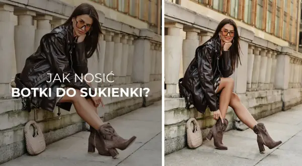 Kobieta w skórzanej kurtce i sukience prezentuje, jakie botki do sukienki pasują idealnie. Stylowe botki na obcasie i torebka dopełniają stylizację.