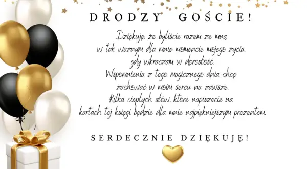 Złota księga gości na 18. urodziny z balonami i prezentem. Dziękuję za obecność i życzenia.