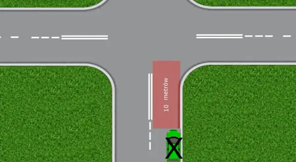 Zakaz parkowania bliżej niż 10 metrów od przejścia dla pieszych. Zielony samochód stoi za blisko.