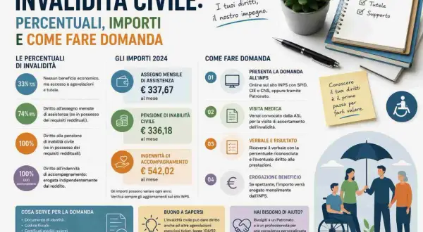 Invalidità civile: importi 2024, assegno mensile €337,67, pensione €336,18, indennità €542,02. Conoscere i diritti è il primo passo per farli valere.