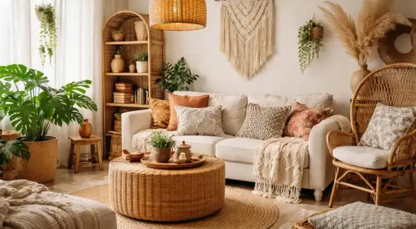 Przytulny salon w stylu scandi boho z wiklinowymi meblami, mnóstwem roślin i makramą na ścianie.