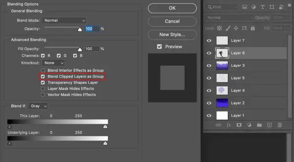 Finestra "Stile Livello" Photoshop con opzione "Unisci livelli ritagliati come gruppo" selezionata, per un controllo avanzato della maschera di livello.