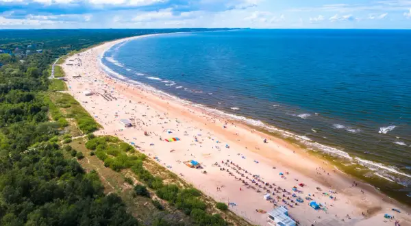Szeroka, piaszczysta plaża z tłumem turystów i zielonym lasem w tle. To jedna z najpiękniejszych plaż w Polsce, idealna na letni wypoczynek.