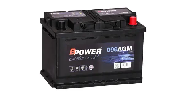 Czarny akumulator BPOWER 096AGM Excellent AGM, jeden z rodzajów akumulatorów, z oznaczeniami 12V, 70Ah, 760A.