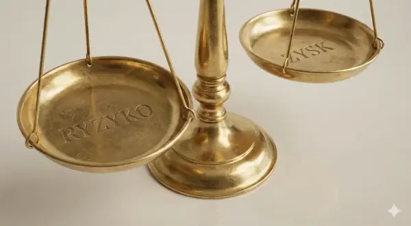 Złota waga szalkowa z napisami "RYZYKO" i "ZYSK". Emitent kto to? To pytanie o równowagę między ryzykiem a zyskiem.