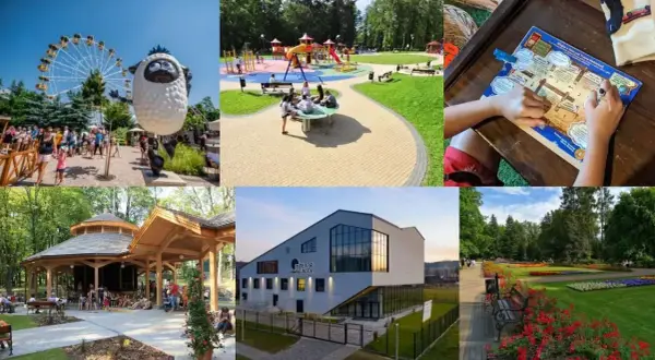 Rabka-Zdrój oferuje wiele atrakcji: wesołe miasteczko z diabelskim młynem, plac zabaw, teatr, park z kwiatami i drewnianą altaną.