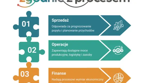 Schemat "zgodnie z procesem" przedstawia S&OP: Sprzedaż (prognozowanie popytu), Operacje (zapewnienie zasobów) i Finanse (rentowność).