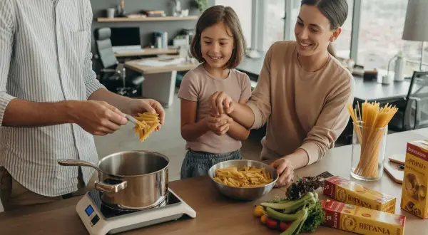 Famille préparant des pâtes dans une cuisine moderne.