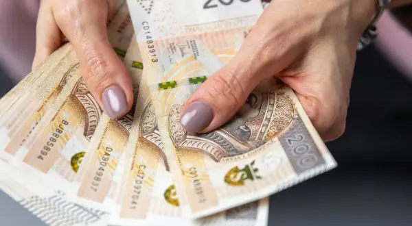 Dłonie trzymające stos banknotów 200 zł. Czy emerytura kapitałowa jest korzystna? Pieniądze to klucz do przyszłości.