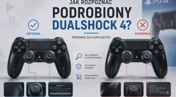 Poradnik dla kupujących: oryginalny DualShock 4 vs podróbka. Zwróć uwagę na matowe wykończenie, równe gałki i czytelne oznaczenia, by uniknąć nieuczciwego przedsiębiorstwa.