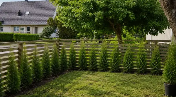 Rad med unga thuja som växer längs en trästaket. Snart blir det en tät häck att plantera thuja för.