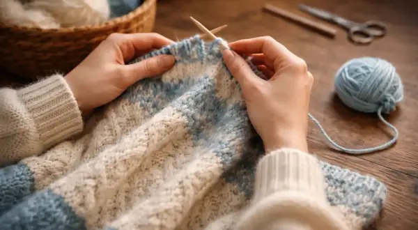 Ręce dziergają sweter w paski. Na stole leżą kłębek włóczki, druty i nożyczki. Zastanawiasz się, ile włóczki na kamizelkę?