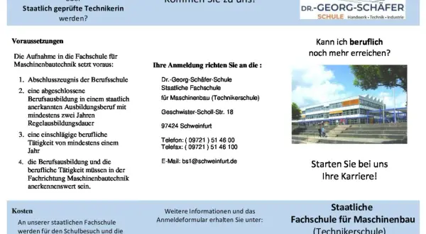 Staatlich geprüfter Techniker: Die Regelausbildungsdauer für die Aufnahme an der Fachschule für Maschinenbautechnik beträgt mindestens zwei Jahre.