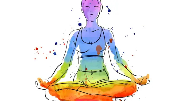 Silueta acuarela de persona meditando en posición de loto, con colores vibrantes que sugieren chakras alineados.