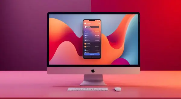 Mac z ekranem wyświetlającym iPhone'a z aplikacjami. Dowiedz się, jak pobrać app z app store bez iOS urządzenia.