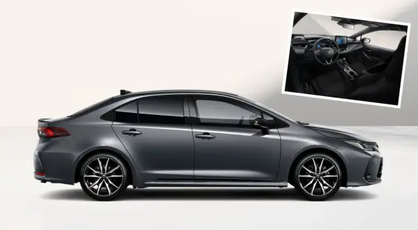 Szary sedan Toyota Corolla 2026 z nowoczesnym wnętrzem.