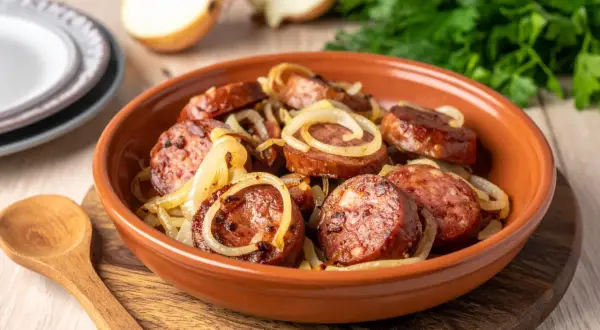 Pyszna kiełbasa z airfryer, podana z duszonymi cebulkami w glinianej misce. Idealna na szybki obiad.