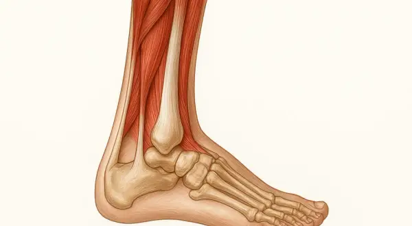 Detailreiche Darstellung der Achillessehne Anatomie: Muskeln, Knochen und Sehnen des Fußes und Unterschenkels.