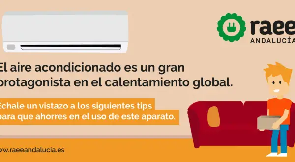 Un aire acondicionado blanco sobre fondo beige. Texto: "El aire acondicionado es un gran protagonista en el calentamiento global. Échale un vistazo a los siguientes tips para que ahorres en el uso de este aparato." Un chico sonriente con una caja. Logo...