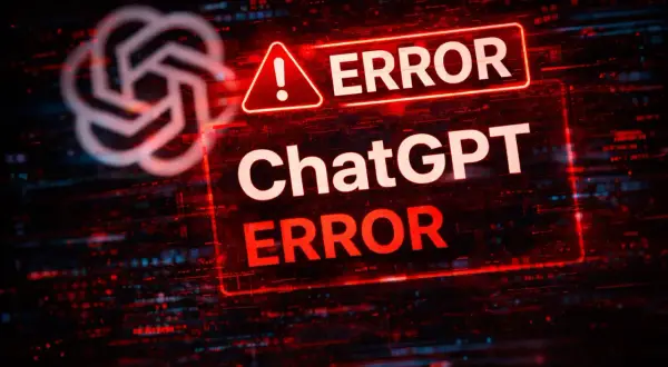 Czerwony komunikat "ERROR ChatGPT ERROR" na tle cyfrowego szumu. Wygląda na to, że chat gpt nie działa.