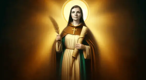 Św. Antonina z gałązką i zwojem, otoczona złotym blaskiem.