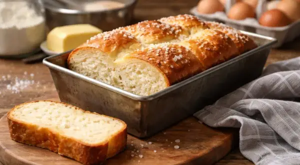 Un pain brioché doré dans son moule, une tranche à côté. Peut-on manger un pain qui n'a pas levé ? Celui-ci semble délicieux !