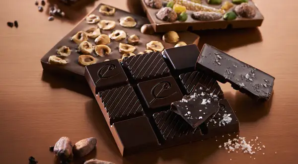 Tablettes de chocolat noir artisanal, aux noisettes, aux fruits confits et au sel. Une invitation à découvrir comment faire du chocolat noir.