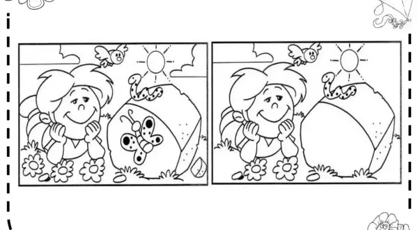 Juego de **fichas primavera** para encontrar 5 diferencias entre dos dibujos de un niño, un pájaro, una serpiente y una mariposa.