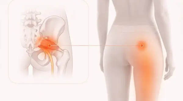 Illustration visar piriformis inflammation. En närbild av bäckenet visar en inflammerad piriformismuskel som trycker på ischiasnerven.