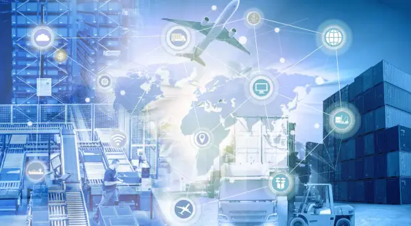 Globalna logistyka i magazynowanie: otif co to? Samolot, ciężarówka, kontenery, taśmociągi i symbole technologii tworzą obraz zintegrowanego łańcucha dostaw.