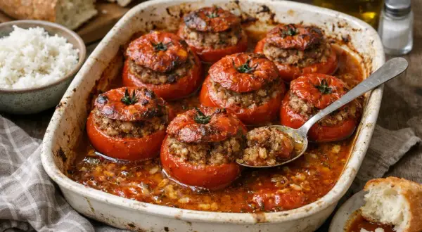 Un plat de tomates farcies appétissantes, garnies d'une farce savoureuse, baignant dans une sauce tomate réconfortante.