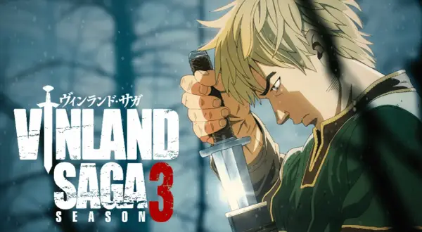 Thorfinn hält sein Schwert, während Schnee fällt. Das Logo "Vinland Saga Staffel 3" ist prominent platziert.