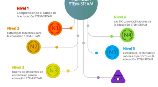 Diagrama de niveles de educación STEM-STEAM, desde la comprensión del campo hasta estándares y socialización de proyectos.
