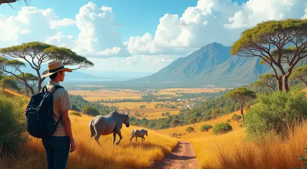 Podróżnik na tle sawanny z antylopami. Idealny czas na podróż na Madagaskar, kiedy jechać, by podziwiać takie widoki.