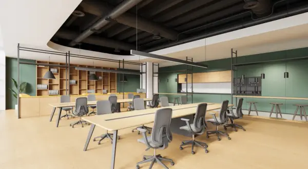 Un moderno **progetto mensa aziendale** con tavoli lunghi, sedie ergonomiche e un'area cucina attrezzata.