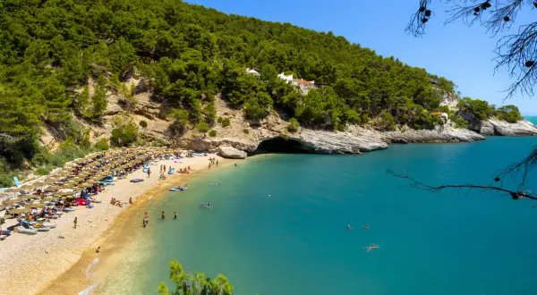 Spiaggia affollata con ombrelloni, gente che nuota nel mare turchese e una collina verdeggiante. Un pugno chiuso di natura incontaminata.